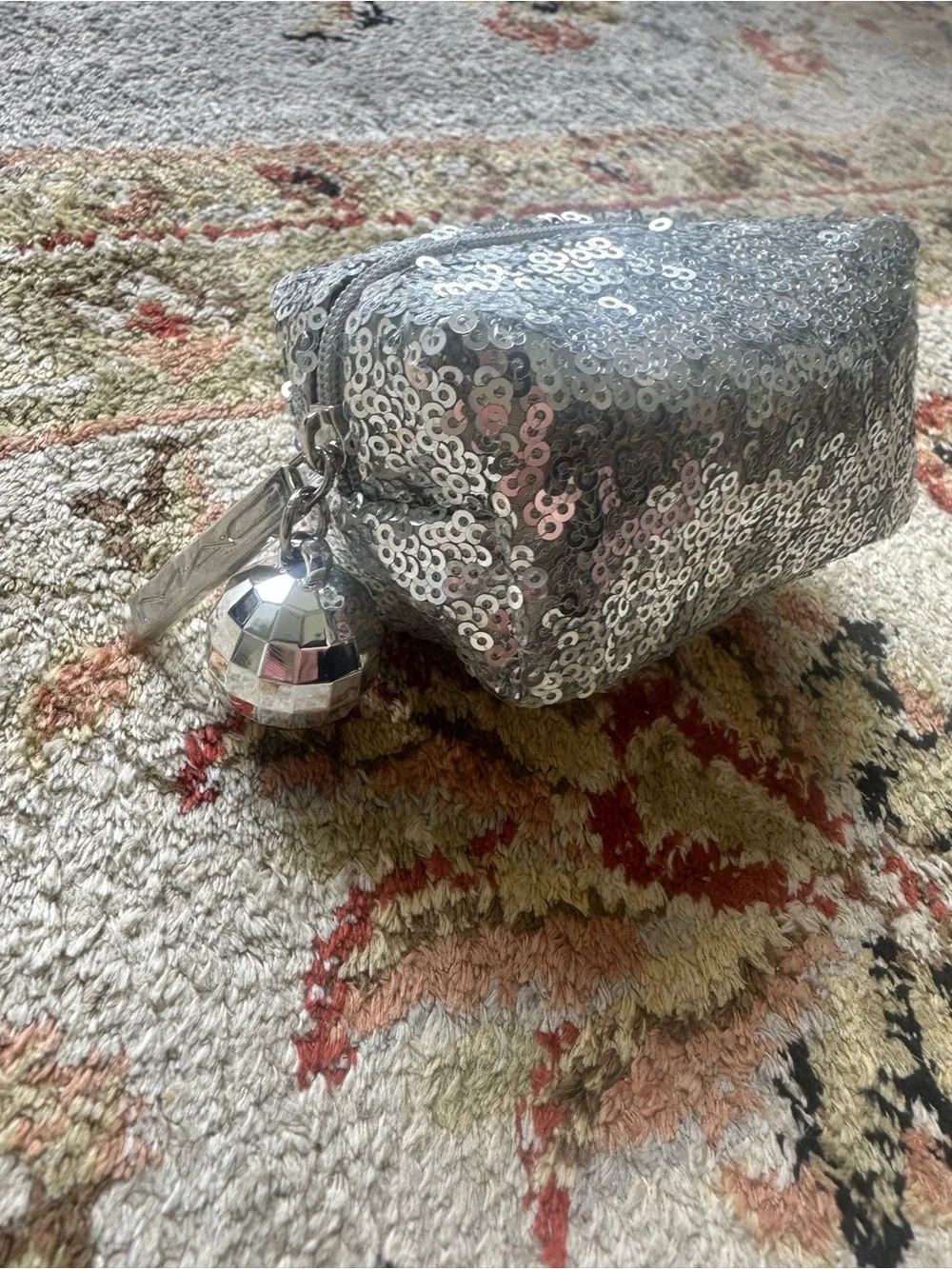 MAC Cosmetics Silver Sequin Cosmetic Pouch with Disco Ball Charm